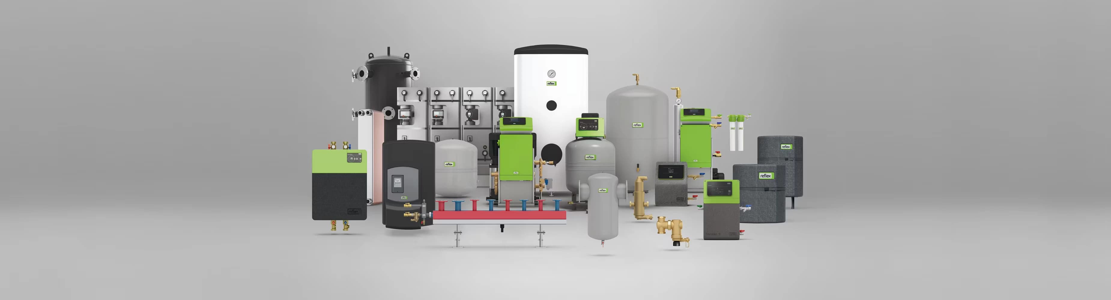 Das Produktprogramm von Reflex und SINUS: Druckhaltung, Entgasung, Wasseraufbereitung, Ausdehnungsgefäße, Speicher, Abscheider, Wärmetauscher und Hydraulik